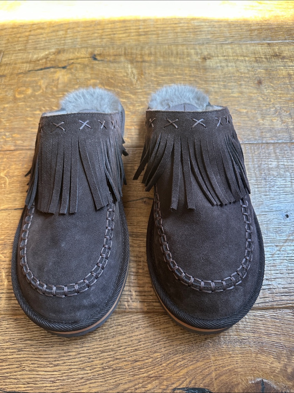 NWOT Free People Chocolate Brown Fallon Fringe Slides 8.5 - Picture 2 of 8